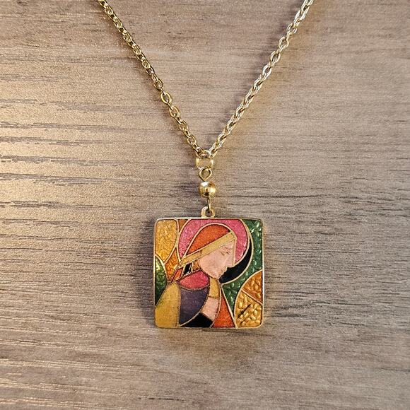 Vintage Cloisonne Praying Nun Religious Figure Gold Necklace - Picture 2 of 5
